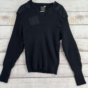 Citadel Military V-Neck  Sweater Men's 46 Black 100% Virgin Wool Elbow Patches‎